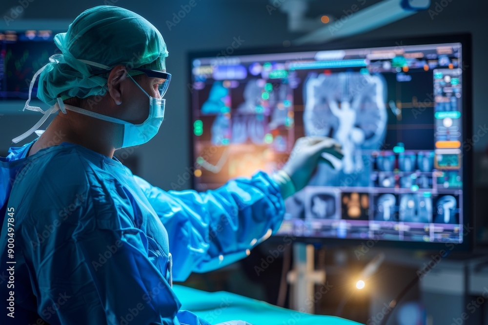 Poster surgeon using advanced robotic technology in a modern operating room