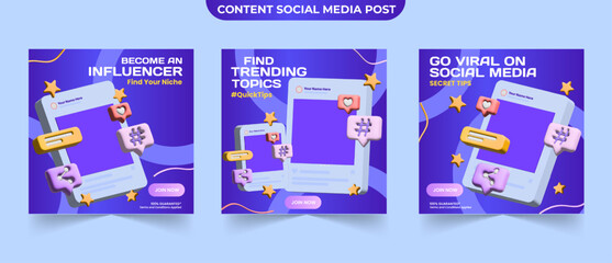 Set of gradient social media post content creator with 3d isometric template