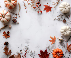  little autumn decoration border only reaching in a litte, with pumpkins and maple leaves only on the border of a big wide white background. AI generative.