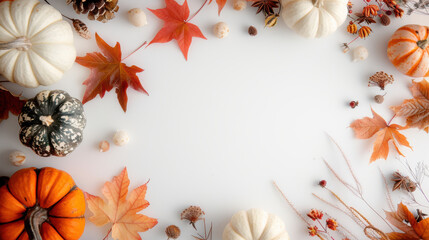  little autumn decoration border only reaching in a litte, with pumpkins and maple leaves only on the border of a big wide white background. AI generative.