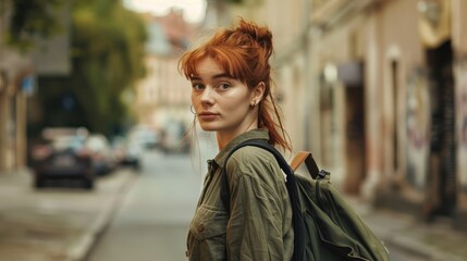 Obraz premium A woman with red hair is standing on a city street, wearing a green shirt