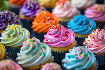 Colorful Assorted Cupcakes Displayed in a Bakery Window