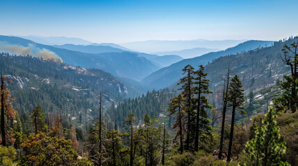 Obraz premium mountain view with forest against blue sky.