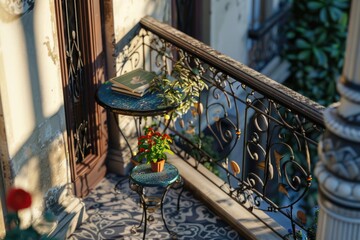A cozy balcony setup with a table and a book, perfect for relaxation or study