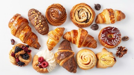 An assortment of fresh pastries on a white background, leaving plenty of space for copy.