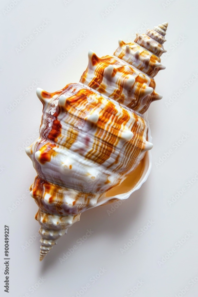 Poster a detailed view of a seashell on a clean white background, perfect for use in designs related to nat