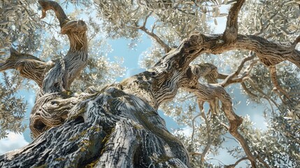 Fototapeta premium An olive tree with gnarled branches and silver-green leaves provides a rustic and charming background with ample space for copy.