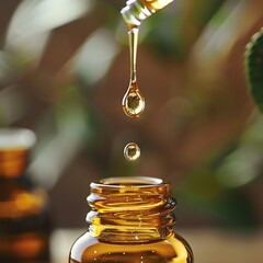 Closeup of essential oil drops falling into a carrier oil.