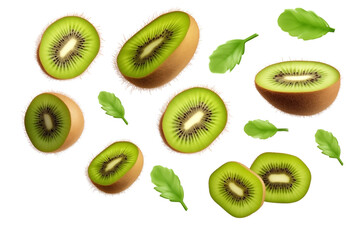 Fototapeta premium Falling Kiwi Slices PNG Kiwi fruit flying in air in motion With Green leafs isolated on white and transparent background - Fresh organic Kiwi Drink Juice Concept