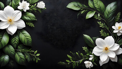 Elegant dark background adorned with white flowers and lush foliage, sense of mourning