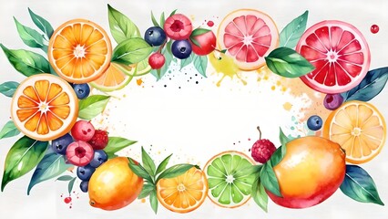 Abstract colorful watercolor summer fruits illustration background. Sweet fresh and healthy citrus food plant diet, delicious tropical art. Banner, empty space, place for text in the middle.