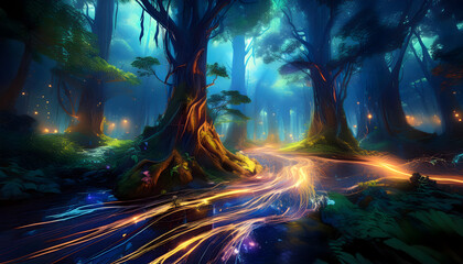 The woods-bark wonders streams of light on digital art concept, Generative AI.