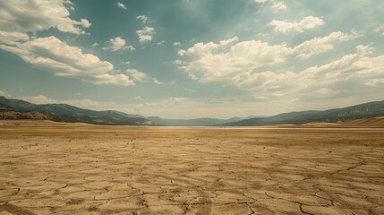 Fototapeta premium A barren landscape with a dried-up lake bed, providing ample space for copy.