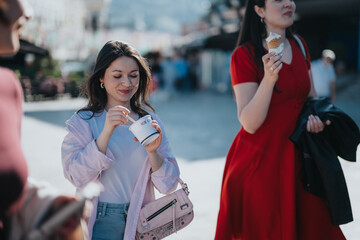 Fototapeta premium Young, fashionable women share a moment of joy while eating ice cream in the city, celebrating their free time.