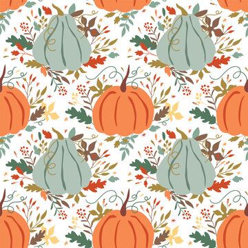 Floral pumpkin seamless pattern in damask ornament. Fall or Thanksgiving day background. Vector autumn print with maple, leaves, foliage, berry. Cute colorful wrapping paper, textile design, wallpaper