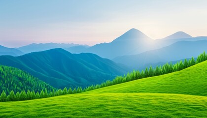 Fototapeta premium A serene landscape featuring rolling green hills and majestic mountains bathed in soft sunlight, perfect for nature enthusiasts.