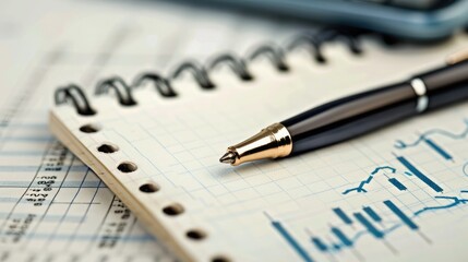 blank notebook with a pen and financial charts, leaving ample room for text.