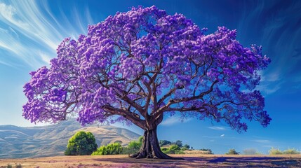 A blooming jacaranda tree with purple flowers provides a vibrant and colorful background with ample space for text.