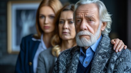 Obraz premium A sad senior man with white hair and beard standing with his family. Concept of comforting and supporting.