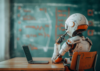 Robot with laptop at school