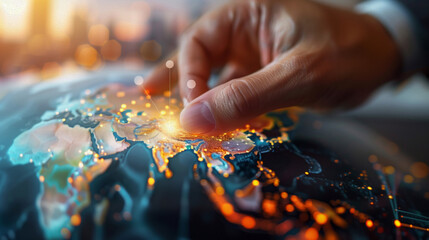 Global Expansion: A hand points to a glowing spot on a digital world map, symbolizing the potential for international growth, connection, and exploration. 