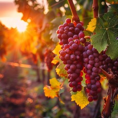 Sunset Over Vineyard with Ripe Grapes