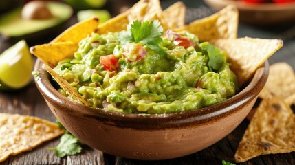 A bowl of fresh guacamole with tortilla chips, leaving plenty of room for copy