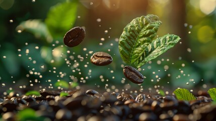 Naklejka premium Fresh Coffee Beans and Leaves with Morning Dew - Nature Scene for Beverage Advertising and Design. Generative ai