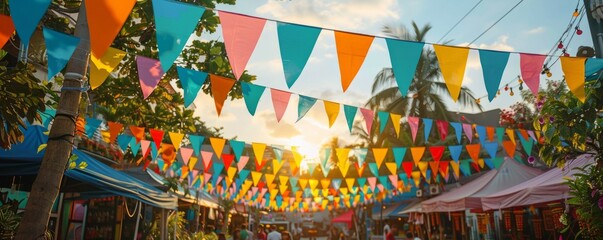 Fototapeta premium Colorful flags waving in the breeze, adding to the festive ambiance.