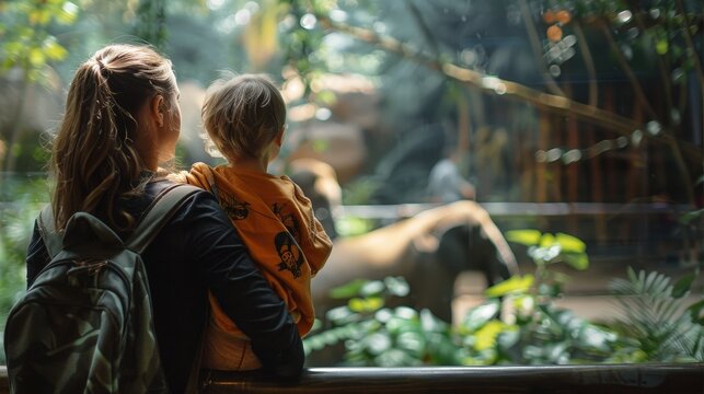 A mother and her young child gleefully observe animals in a vibrant zoo setting, surrounded by lush greenery and excitement