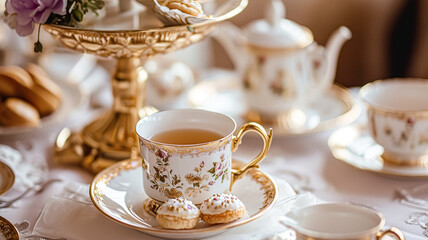 Fototapeta premium Delightful afternoon tea spread featuring a tiered cake stand brimming with cupcakes, scones, and sweet pastries, accompanied by a floral porcelain tea set