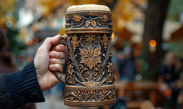 A hand-crafted beer stein with intricate designs at the Oktoberfest festival.
