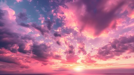 Obraz premium Panoramic photo, view of a pink and purple sky at sunset. Sky panorama background, header and web banner. 