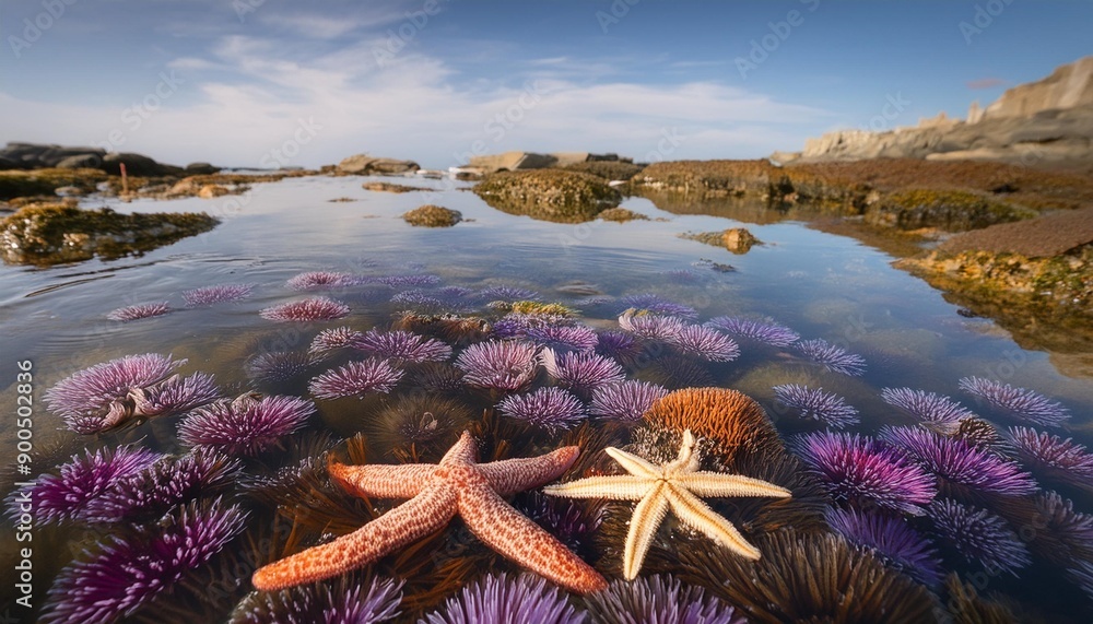 Wall mural a tranquil tidepool with starfish and anemones the water gently ebbing and flowing with the tide