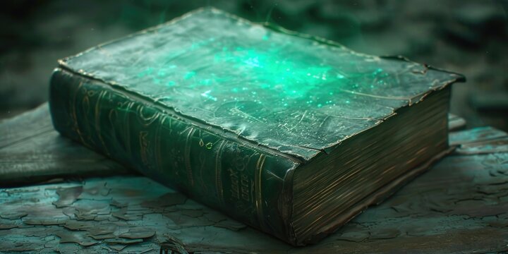 A mysterious old book with a glowing green cover