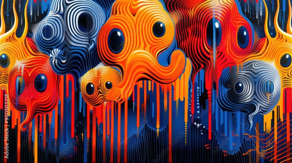 Poster vivid abstract art with flowing multicolored shapes and lines