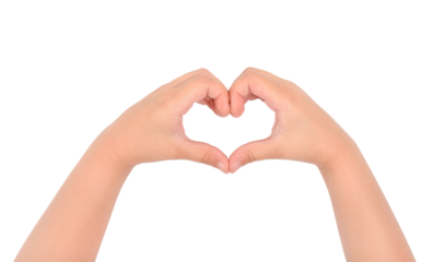 Kid's hands showing sign Heart by fingers isolated on transparent background. Love concept