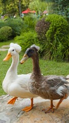 White and Brown Crested Ducks Walking Together