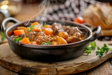 rustic steaming Flemish beef stew. AI generative.