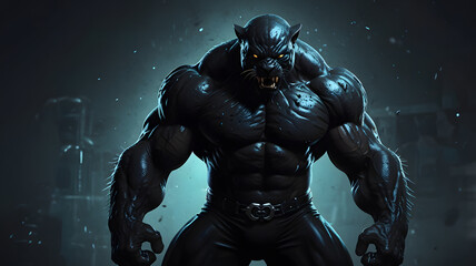 Fototapeta premium Muscular Angry black Panther bodybuilder Dark background, blue smoke.