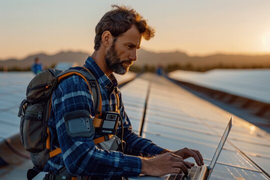 A field technician equipped with gadgets and a backpack uses a laptop for analyzing solar panels at sunset, emphasizing field expertise and advancements in renewable technology.