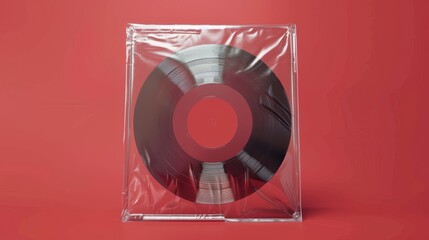 Vinyl Record in a Plastic Case on Red Background