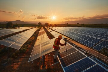 An engineer in a high-visibility vest conducts maintenance on a solar panel array as the sun sets, highlighting the renewable energy efforts in a beautiful landscape.