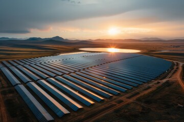 Fototapeta premium A beautiful solar farm situated near a water body reflects the rising sun, nestled in a mountainous landscape, emphasizing the importance of renewable energy sources.