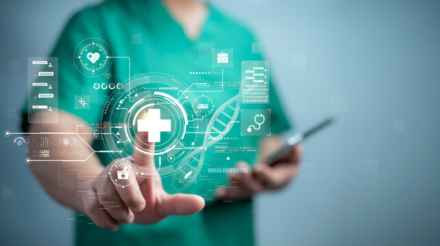 Medical worker touch virtual medical revolution and advance of technology Artificial Intelligence,AI Deep Learning for medical research,Transformation of innovation and technology for future Health.