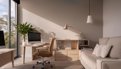 A modern living room with a desk and a chair, a computer monitor