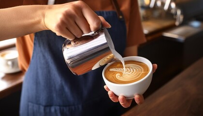 A barista is pouring milk into a white coffee cup