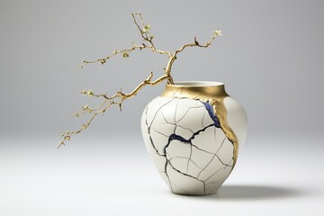 A tree branch is placed in a beautiful kintsugi style white vase. Generation Ai
