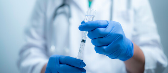 A medical worker wearing a white coat is holding a syringe and vaccine bottle. Health and medical concept