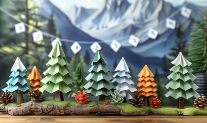 Colorful Origami Forest Scene with Mountains Background and Pinecones
